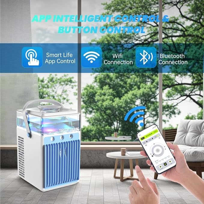 Portable Air Conditioner Fan, Rechargeable 5-IN-1 Personal Mini Cooler Humidifier, 3-Speed Evaporative Air Cooler with 7 Color Lights, Cordless AC Desktop Spray Fan, Quiet Desktop (White)