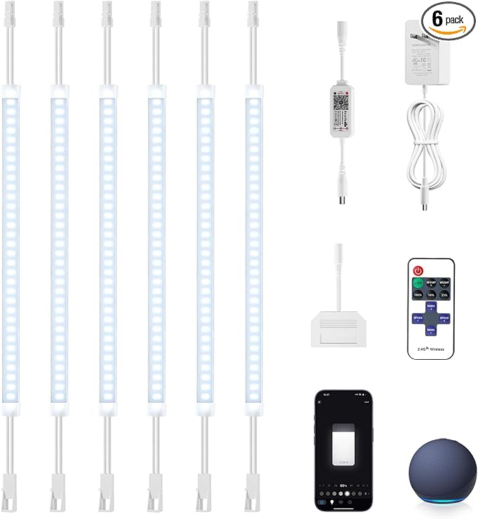 Silicone Under Cabinet Lighting Kit, 12 Inch Linkable LED Strip Lights Work with Alexa, Dimmable, Remote Control, Smart App, 6 Pack White Light for Closet, Shelf, Workbench, Desk (Cool White)