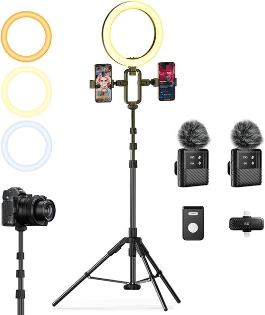 yAyusi Vlogging Kit for iPhone/Android, 78" Extendable Tripod Stand with Magnetic Microphone/Ring Light/Phone Clip/Remote Control, YouTube Starter Kit for Video Recording, Live Streaming