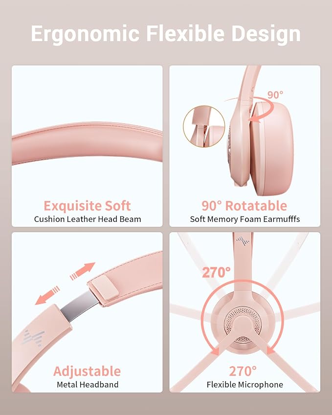 JIAMQISHI Wireless Headset with AI Noise Cancelling Microphone Bluetooth Headset - Bluetooth V5.2 Headphones with USB Dongle & Mic Mute for Computer/Laptop/PC/iPhone/Android/Cell Phones (Pink)