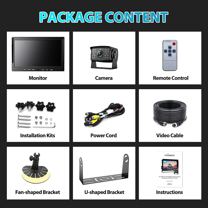 Fookoo Ⅱ 10" 1080P Wired Backup Camera System,10-inch HD Dual Split Screen Monitor with Recording IP69 Waterproof Rear View Camera Parking Lines Supports Up to 2 Cameras for Truck/Trailer/RV(DY101)