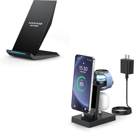 NANAMI Fast Charger for Samsung Galaxy Watch 6/5/4/3, Stand for Galaxy S24/S24+/S24 Ultra/S23/S22/S21/S20, Buds Pro, Wireless Charging Stand for iPhone 16/15/15 Pro/15 Plus/15 Pro Max/14/14 Pro/13/12