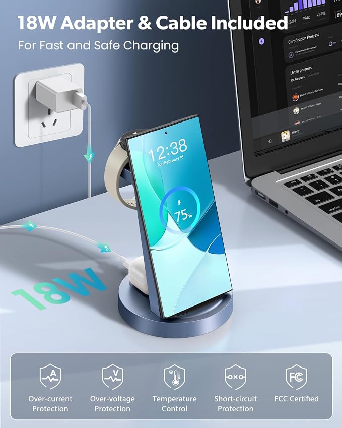 Wireless Charger for Samsung: 3 in 1 Wireless Charging Station for Samsung Galaxy Watch 8 7 6 5 4 3 Pro Classic Galaxy Buds - Charger Dock Stand for S26 S25 S24 Ultra S23 S22 S21 Note Z Fold Android