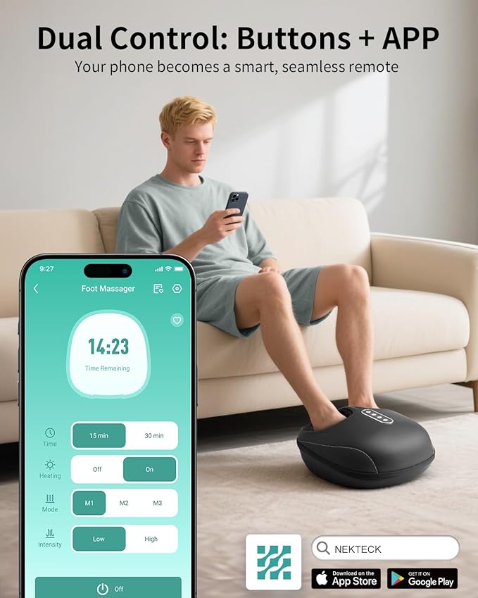 Nekteck Shiatsu Foot Massager Machine with Heat for Plantar Fasciitis, Neuropathy Pain, Remote APP Control, Deep Kneading, Air Compression, Gifts for Mom Her Him, Fits up to 13"