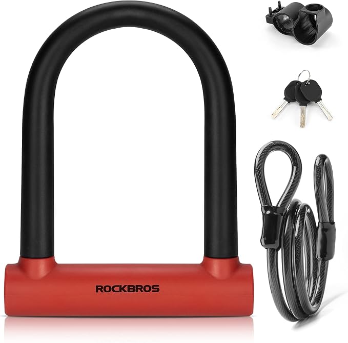 ROCKBROS U Lock Bike U Lock with Cable Heavy Duty Anti Theft Bike Lock U-Lock 4 ft Cable Mounting Bracket for Bikes eBikes Motorcycles Scooters