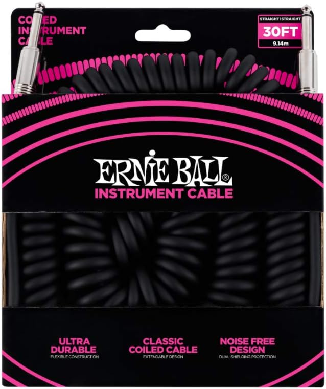 Ernie Ball Coiled Instrument Cable, Straight/Straight, 30ft, Black (P06044)