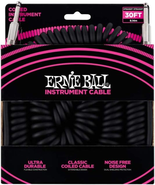 Ernie Ball Coiled Instrument Cable, Straight/Straight, 30ft, Black (P06044)