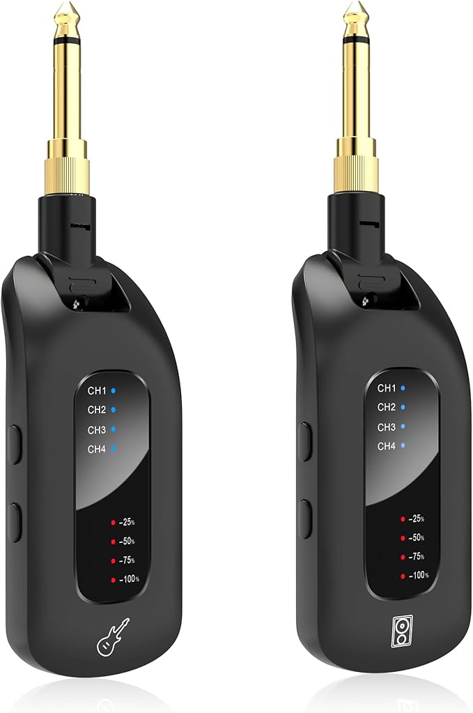 5.8GHz Wireless Guitar Audio System - Rechargeable Transmitter and Receiver with 4 Channels, Low Latency and Over 164ft Long Range Transmission, Compatible Guitar Bass Electric Instruments