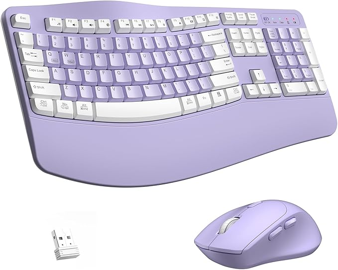 Wireless Keyboard and Mouse Combo,2.4G Full Size Wave Keys Ergonomic Keyboard with Wrist Rest for Natural Typing, 3 DPI Adjustable Ergonomic Mouse for Computer/Laptop/Windows/Mac (Purple & White-A)