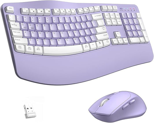Wireless Keyboard and Mouse Combo,2.4G Full Size Wave Keys Ergonomic Keyboard with Wrist Rest for Natural Typing, 3 DPI Adjustable Ergonomic Mouse for Computer/Laptop/Windows/Mac (Purple & White-A)