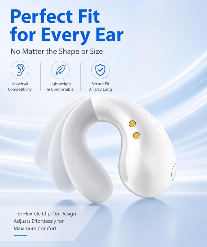 Boytond Ultra Open Ear Earbuds - Comfortable Clip-On Bone Conduction Earbuds, Over-The-Ear Open Headphones with Waterproof Build for Running, Gym Workouts, and Outdoor Sports, White