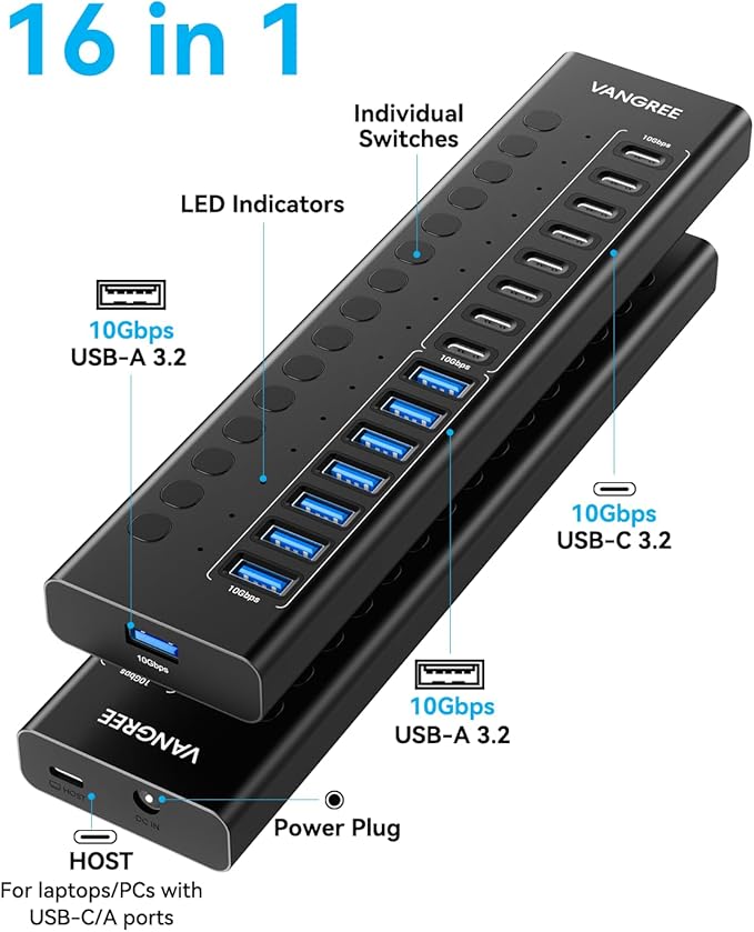 Powered USB Hub 3.2 Gen 2, VANGREE 16 Ports USB Hub (8 USB-A 3.2+8 USB-C 3.2), 10Gbps Aluminum Multiport Expansion Hub with 96W Power Adapter for PC Laptop HDD SSD Flash Drive