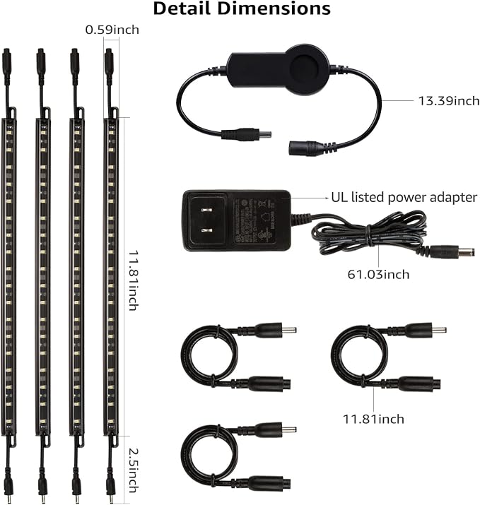 TORCHSTAR Voice Control Smart LED Safe Lighting Kit, (4) 12 Inch Dimmable Linkable Light Bars, Compatible with Alexa&Rocker Switch, 100-240V UL Power Adapter 600LM for Under Cabinet, 3000K Warm White