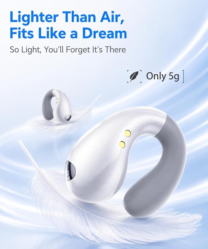 Boytond Ultra Open Ear Earbuds - Comfortable Clip-On Bone Conduction Earbuds, Over-The-Ear Open Headphones with Waterproof Build for Running, Gym Workouts, and Outdoor Sports, White
