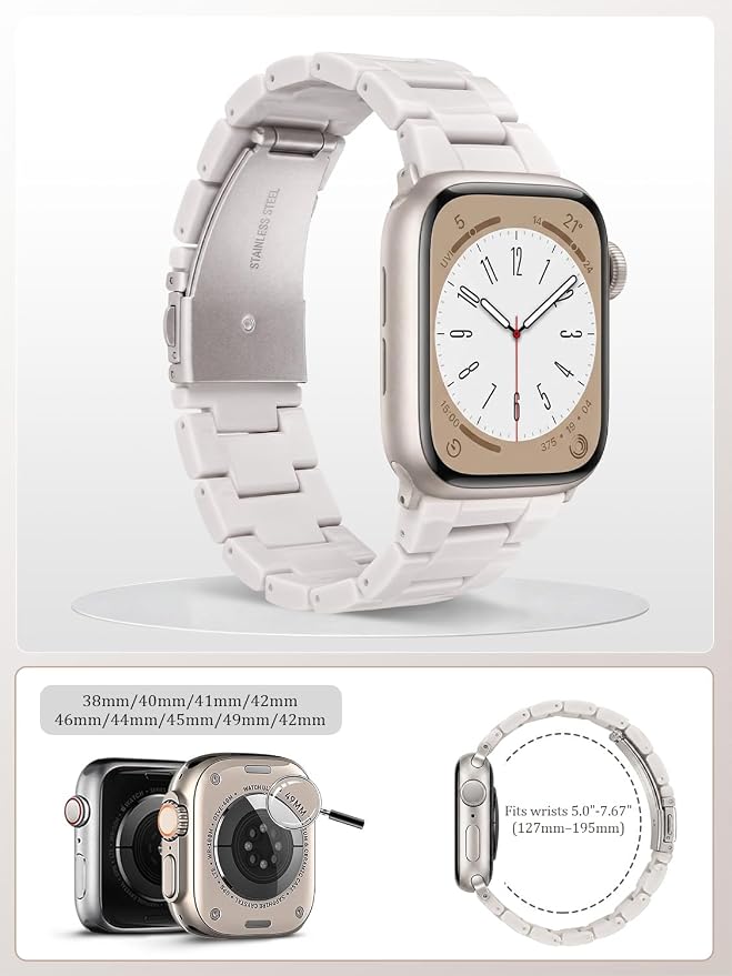 V-MORO Resin Band Compatible with Apple Watch Bands Series 11/10/9/8/7 Fashion Jewelry Lightweight Bracelet 42mm/41mm/40mm/38mm for iWatch 6/5/4/3/2/1/SE with Starlight Buckle Women Men(Starlight)