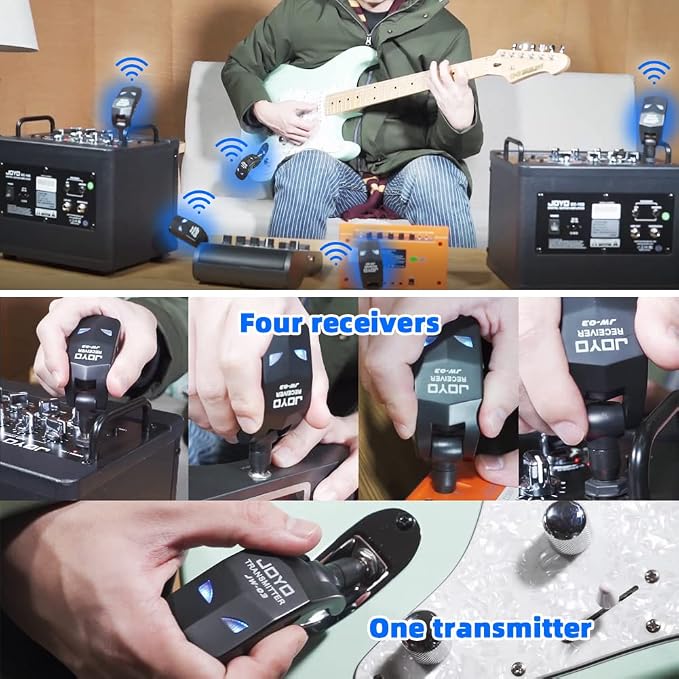 JOYO 2.4GHz Wireless Guitar System Rechargeable Transmitter and Receiver 4 Selectable Channels, 5ms Low Latency, 65ft Range, Up to 8 Hour Battery for Electric Guitar, Bass & Acoustic (JW-03)