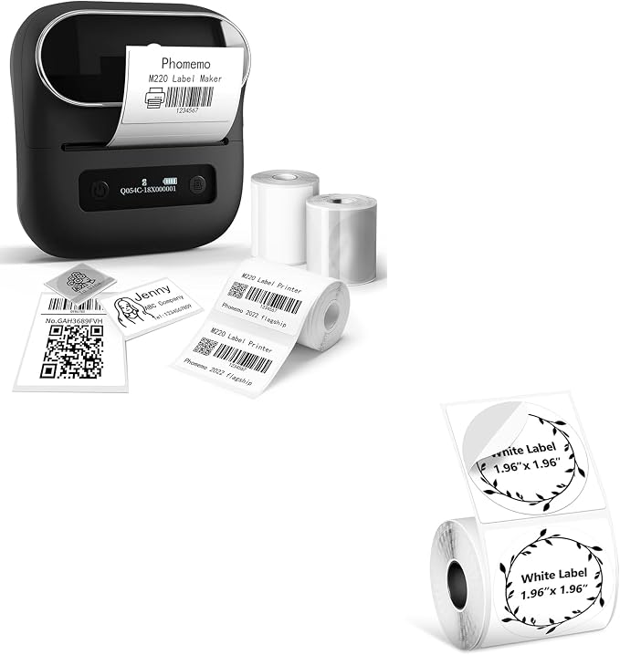 Phomemo M220 Label Maker & 1 Roll White Thermal Labels, 1.96" x 1.96"(50x50mm)