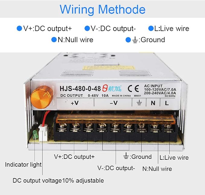 Adjustable DC Power Voltage Converter AC 110V-220V to DC 0-48V 10A Module Switching Power Supply Digital Display 480W Voltage Regulator Transformer Built in Cooling Fan