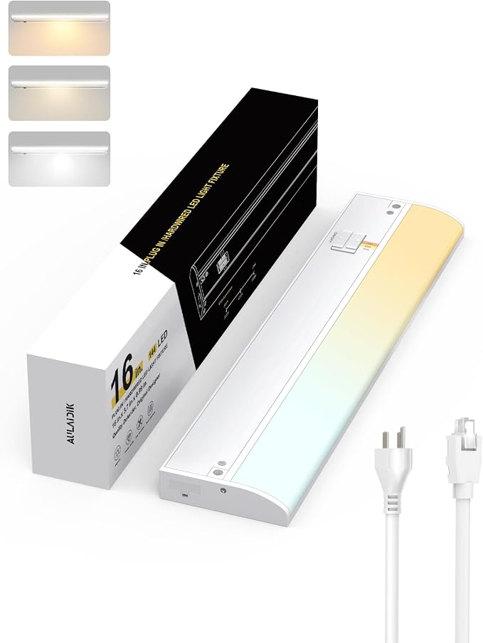 Under Cabinet Lighting Hardwired & Plug-in, 16 inch 3CCT Dimmable Linkable Under Counter Lights for Kitchen,with Power Cord and Linked Cord, CRI 97, 120V,12W,1050Lm, White