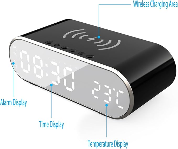 15W Fast Wireless Charging Pad Compatible with Qi-Enabled Phones, 5W/7.5W/10W Standard Charging Modes, Temperature Display & Alarm Clock for Bedside Desk, W628 Black.