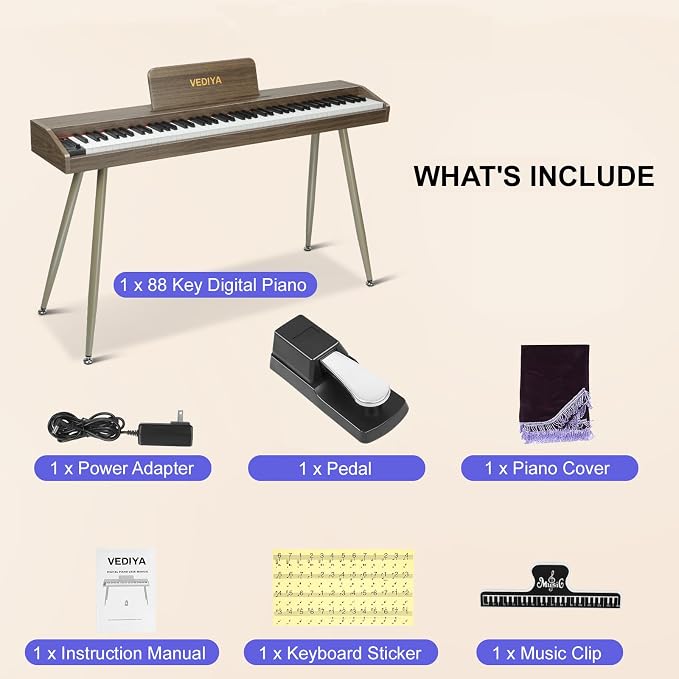 Digital Piano Keyboard 88 key,Semi-Weighted Electric Piano,Full Size Acoustic Piano for Beginners with Pedal, USB-MIDI Compatibility (Walnut)