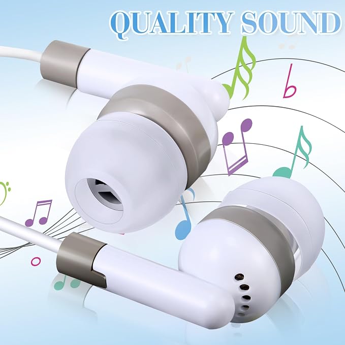 Konohan 100 Pcs Bulk Earbuds with Wire Basic Headphones in Ear for Libraries Laptop, No Microphone 3.5 mm Jack Earbuds Dot Headphones, Individually Bagged (White)