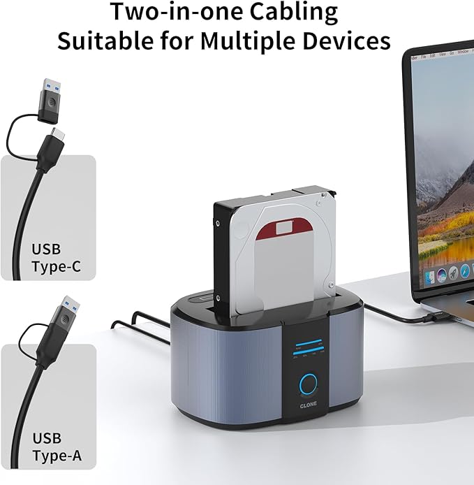 GODO M.2 NVMe/SATA SSD/HDD Expansion Dock, Dual-Slot Support for M.2 NVMe/SATA + 2.5-inch/3.5-inch SSD/HDD Adapter, USB-C Hard Drive Cloning Station and Card Reader, Supports Offline Cloning