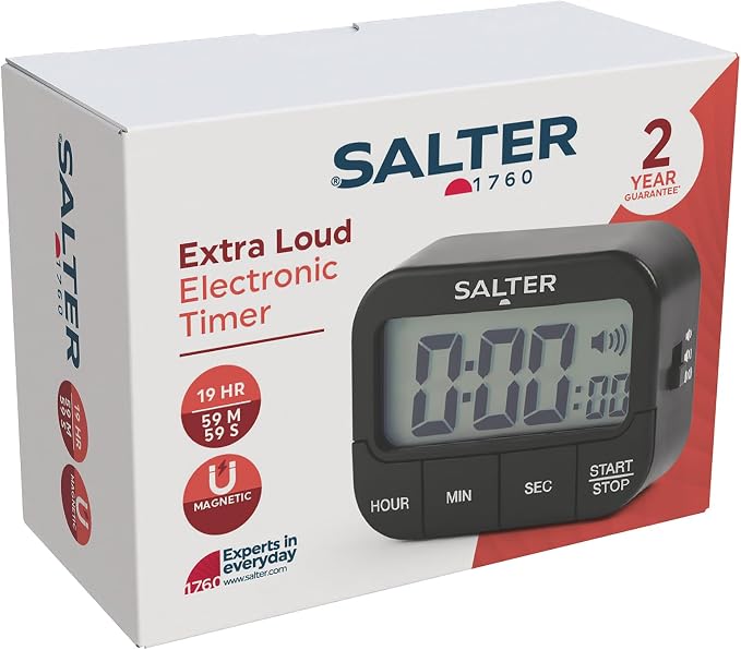 Salter Kitchen Digital Display Count up or Countdown Timer, Adjustable Loud Beeper, Large Start/Stop Button, Memory Function, Magnetic or Self Standing-Black, Plastic
