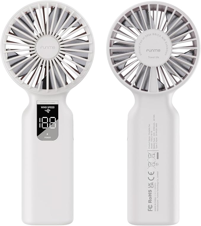 Funme Portable Handheld Fan, 100 Speed Scroll Wheel Control with Boost Mode, 42H Long Runtime, 6700mAh Rechargeable Travel Fan, LED Display, Quiet Personal Fan for Concerts Camping Office-White