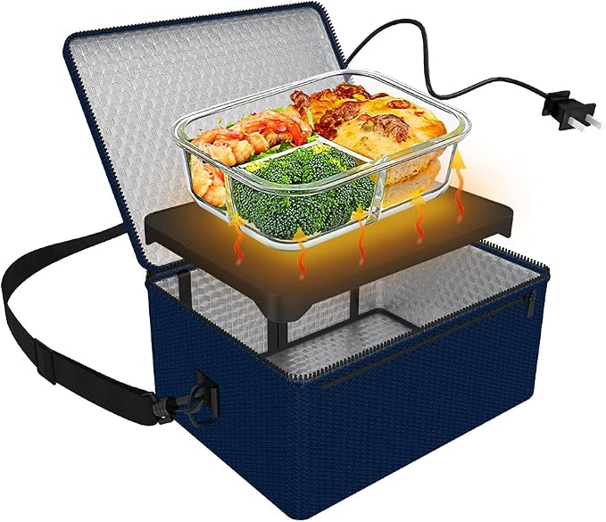 Portable Oven, 110V Portable Food Warmer Personal Portable Oven Mini Electric Heated Lunch Box for Reheating & Raw Food Cooking in Office, Travel, Potlucks and Home Kitchen (Navy Blue)