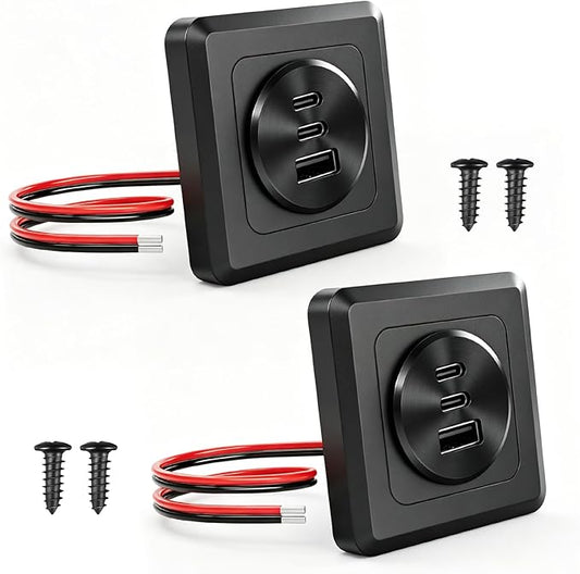 2PCS GIBBAB 90W 12V RV USB C Wall Outlet, Dual 36W PD3.0 Type C & 18W QC3.0 All Aluminum Car Charger Socket with Black Faceplate, Recessed Panel Mount Multi Port Fast Charging for Camper Boat Trailer