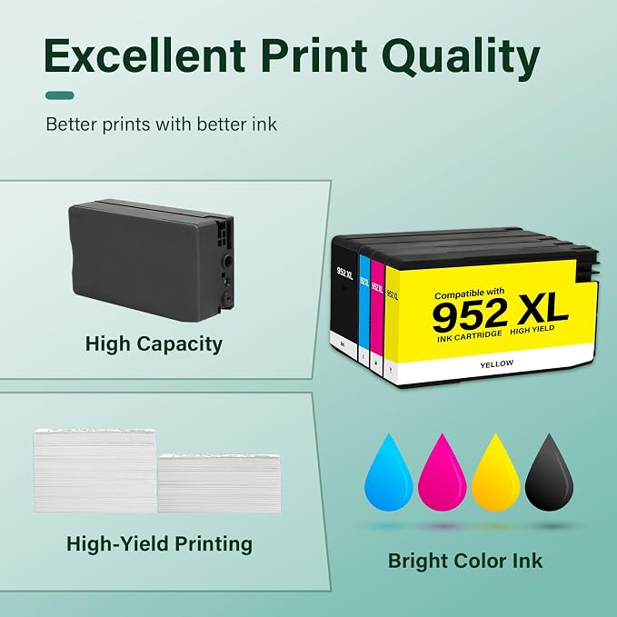 952XL 952 8710 Ink Cartridges Combo Pack for HP Printers 952 XL Ink Cartridges for HP OfficeJet Pro 8710 7740 8720 8715 8210 8725 8730 8702 8732M 8736 8743 Printer (Black Cyan Magenta Yellow,4PK)