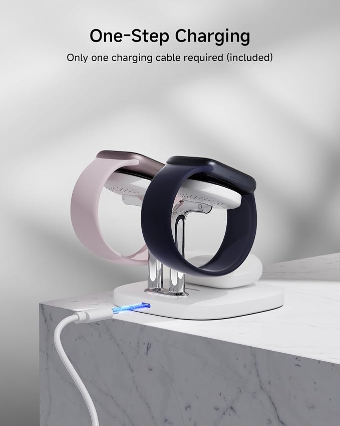 Dual Watch Charger with Fast Charging for Apple Watch, SwanScout 704A, 3-in-1 Wireless Charging Station Stand for Apple Watch Ultra 3/11/10, Wireless Charger Dock for AirPods Pro 3/4 (White & Silver)