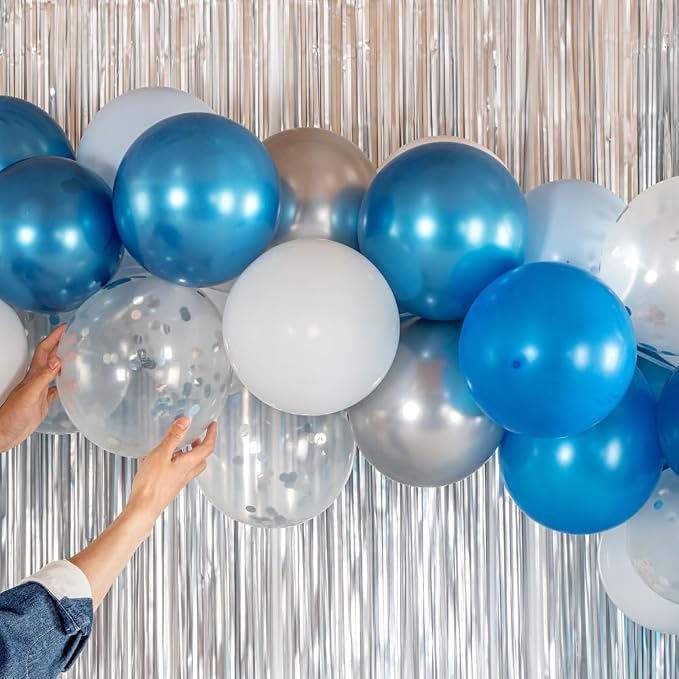 Restaurantware-Balloonify Balloon Garland Set, 1 Party Decoration Kit - 100 Balloons, With Chain, Blue, Silver, & White Latex Balloon Arch Kit, Includes Glue Dots, Ribbon & Knot