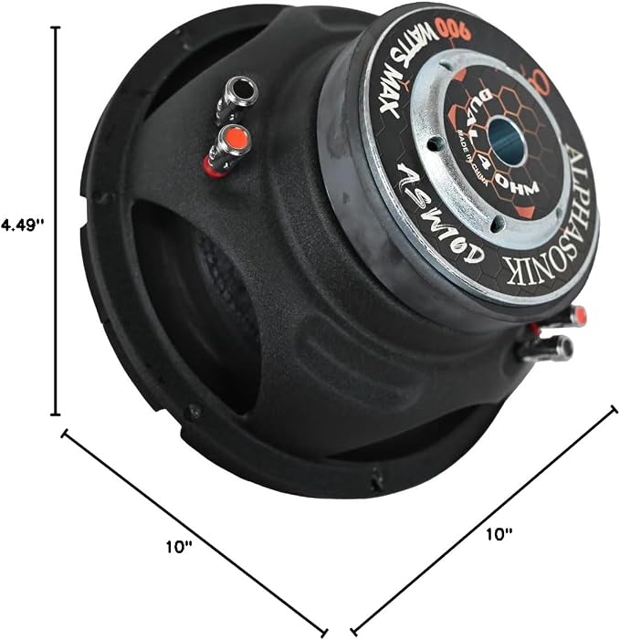 Alphasonik ASW10D AS Series 10" 900 Watts Max / 300 Watts RMS Dual 4 Ohm Car Subwoofer Stamped Steel Basket with Stronium Magnet Non Pressed Paper Cone Audio Speaker Bass Sub Woofer