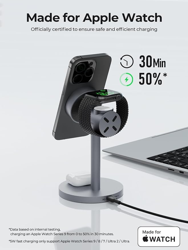 MagFusion 3-in-1 Charging Station Compatible with MagSafe, Qi2 Certified 15W Magnetic Wireless Charger Stand, for iPhone 17/16/15/14/13/12 Series, Apple Watch, AirPods(30W PD Charger Included)