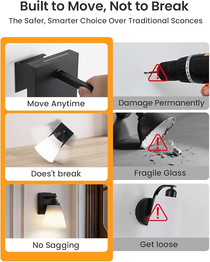 Neporal CARRYGLOW Battery Operated Wall Sconce, Peel and Stick No Drill Wall Lights Battery Operated, Rechargeable Wall Sconces for Bedroom, Living Room, Bathroom, Apartment, Renter Friendly