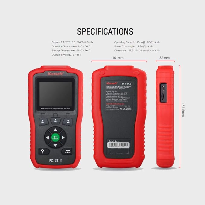 iCarsoft Auto Diagnostic Scanner TYT V1.0 for Toyota/Lexus/Scion/Isuzu, ABS, SRS, Oil Service Reset ect (Red)