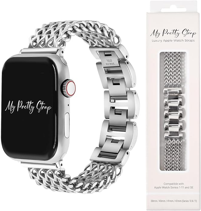 My Pretty Strap - Compatible Apple Watch Band Strap, Stainless Steel Fashion iWatch Replacement Strap- Easy Resizing, No Tool Needed, Fits Most Wrists- Series 1-11, SE and Ultra