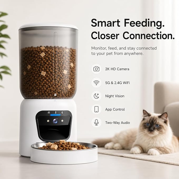 Automatic Cat Feeder with 2K Camera, Smart Pet Feeder with App Control for Cats & Small Dogs, 6L WiFi Automatic Dog Feeder with Night Vision, 2-Way Audio & Motion Alerts