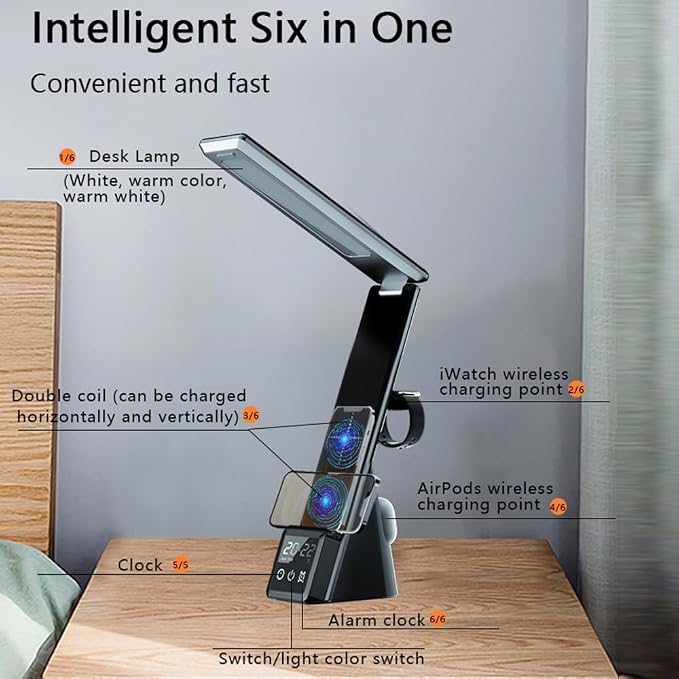 IHAO 6in1 Multifunctional Foldable LED Table Lamp with Wireless Charger Digital Alarm Clock Eye-Care Lighting 3 Color Modes 15W Qi Charger for Phone/Headphones, iWatch Charger Compatible-N61 White