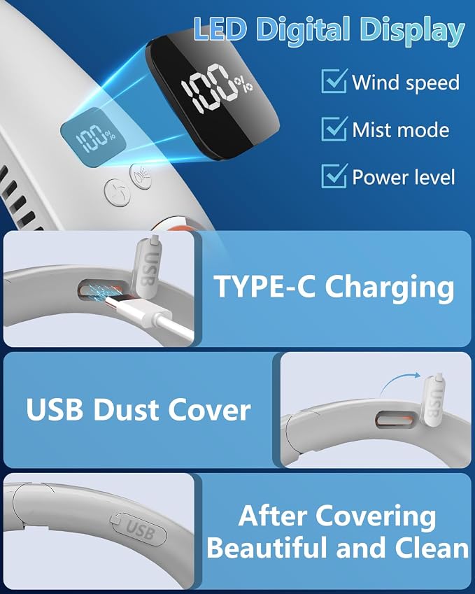 Neck Fans Portable Rechargeable,4000Mah Neck Fan with Mist Spray,Bladeless Folding Fans that Blow Cold Air,Leafless Hanging USB-C Battery Operated Neck Coolers for Hot Weather