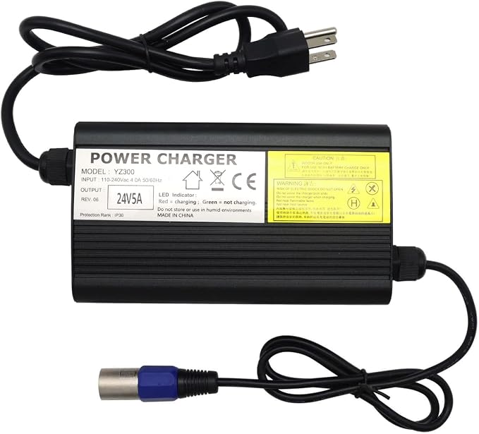 24V 5A Battery Charger with 3-Pin XLR Connector for Pride, Jazzy, Drive Medical, Golden Technologies, Shoprider, Rascal 200T/500T/301 PC/314/318 PC/320 PC/326/326A