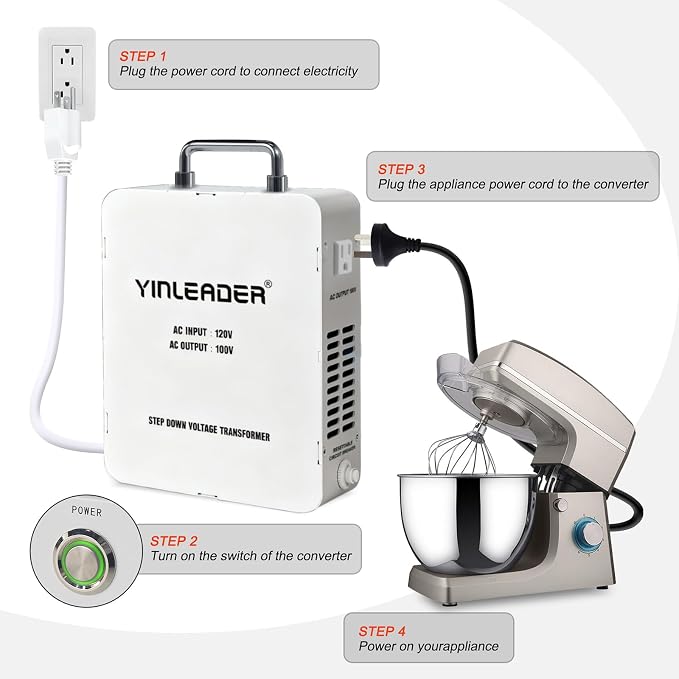 Yinleader 2000W Convert 120V to 100V Step Down Voltage Transformer Perfect for Japanese High-Power Devices in US(White)