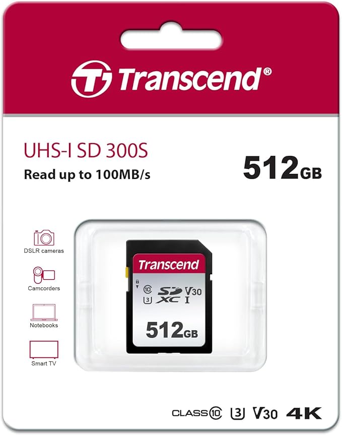 Transcend SDC300S 512GB SDXC SD Card, UHS-I U3 V30, 4K UHD & Full HD for DSLR Cameras/Digital Cameras/Trail Cameras/Camcorder, Up to 100MB/s, Class 10 High-Speed Memory Card