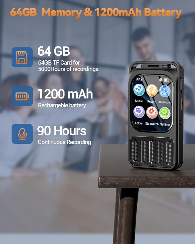 64GB (900Hours) Digital Voice Recorder with 2" Touchscreen & Bluetooth, XIXITPY 3072Kbps HD Dual Mic Recording Device with Playback, Password, A-B Repeat, MP3 for Lectures, Meetings, Interviews