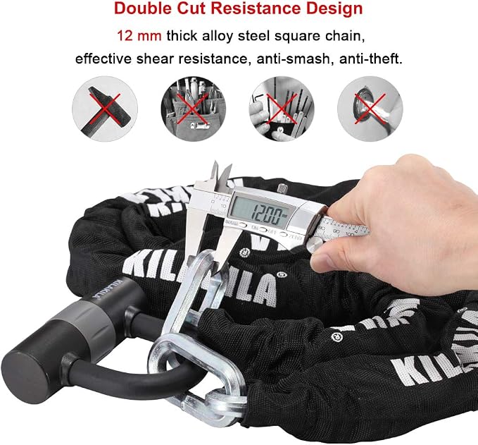 KILAKILA Security Chain Lock - Heavy Duty 10mm Bicycle and Motorbike Lock With 16mm U Lock