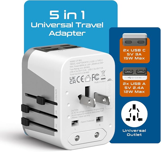 Ceptics Universal Travel Adapter for EU, UK, China, UAE, AU – International Power Adapter with Dual USB-C & USB-A – Ideal for Phone, Tablet & Smartwatch Chargers - Type A, C, G, I Plug Outputs