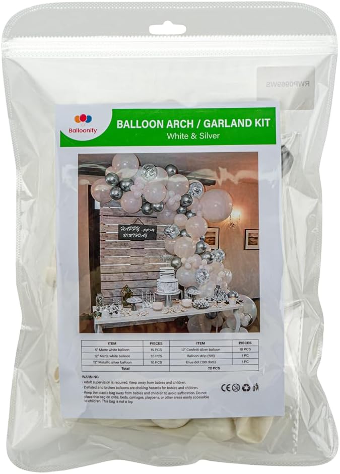 Restaurantware-Balloonify Balloon Garland Set, 1 Party Decoration Kit - 70 Balloons, With Chain, White & Silver Latex Balloon Arch Kit, Includes Glue Dots