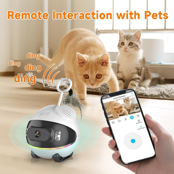 Pet Camera Robot with Cat Teaser: Battery-Operated, Movable with Phone App, 2-Way Talk, Video/Photo, Night Vision